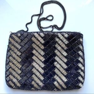 ❄️Vintage Retro Cream Tan Gray Beaded Crystal Evening Cocktail Mini Shoulder Bag